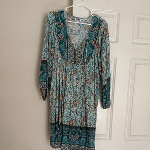 Blue and Brown Midi Scoop Neck Bishop Sleeve Sundress